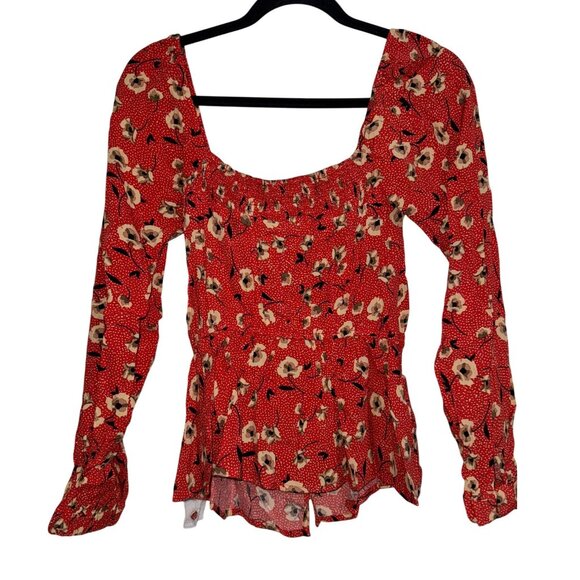 Lovestitch Women's Red Floral Long Sleeve Blouse S With Square Neckline & Peplum - Picture 8 of 11